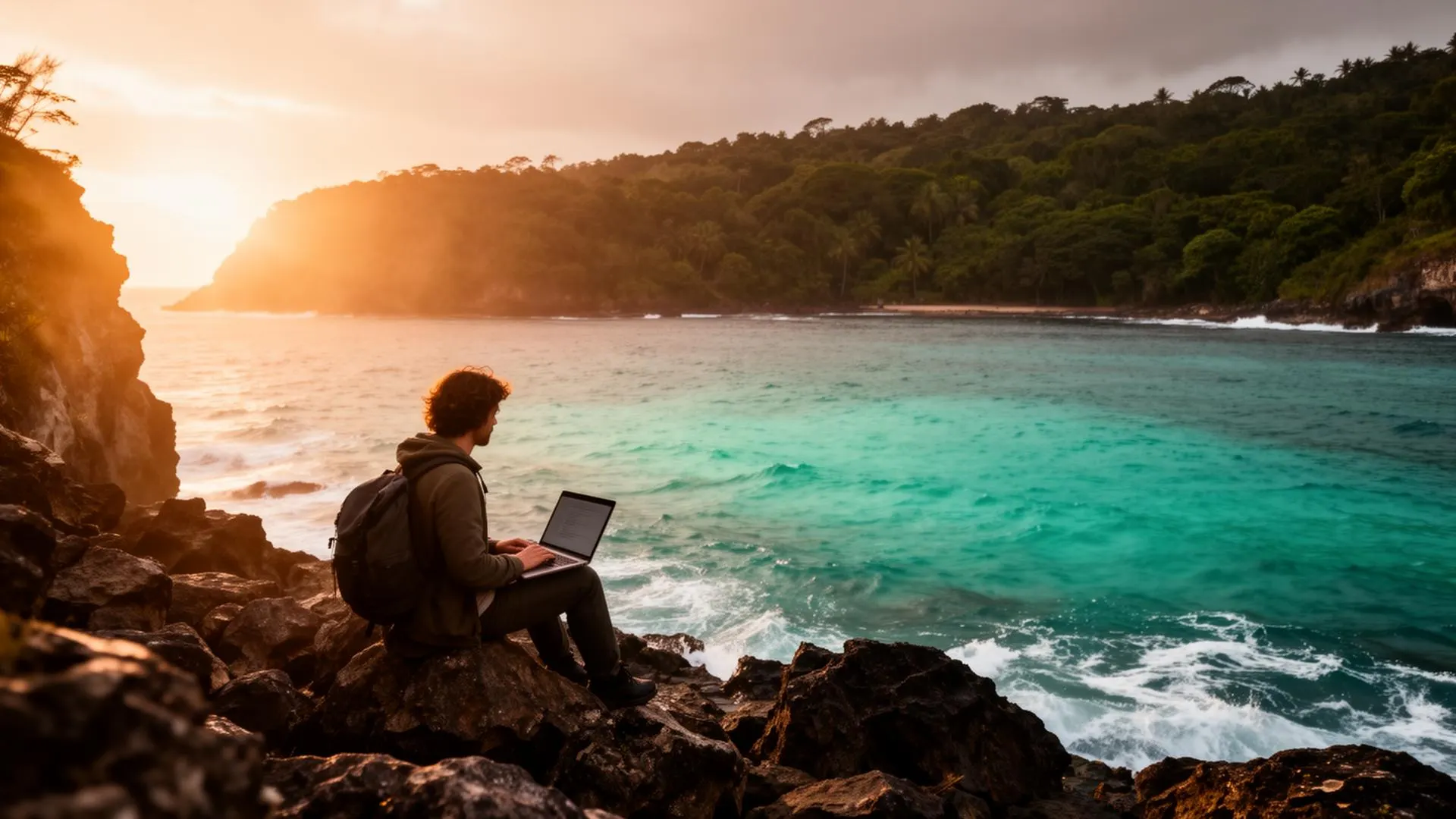 Digital nomad on a coastal cliff at sunset